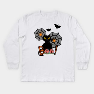 BLACK Cat Happy Halloween With Bats And Pumpkins Kids Long Sleeve T-Shirt